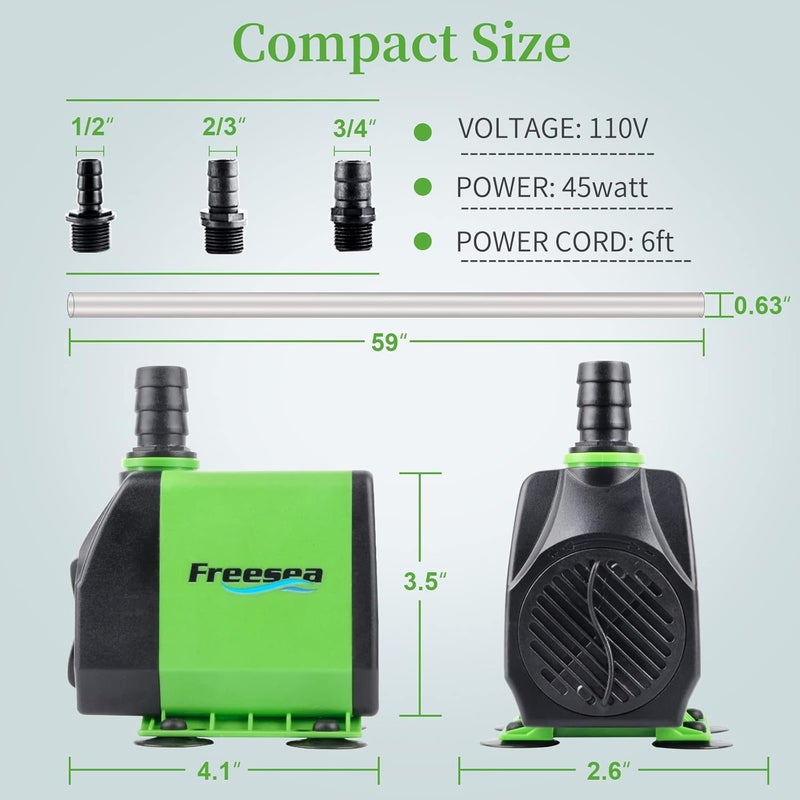 FREESEA Fountain Submersible Water Pump: 800GPH 45W Adjustable Small Pond Pump with 5ft Tubing Hose and 3 Nozzles 10ft High Lift for Outdoor | Hydroponics | Waterfall | Aquarium | Fish tank - Image 5